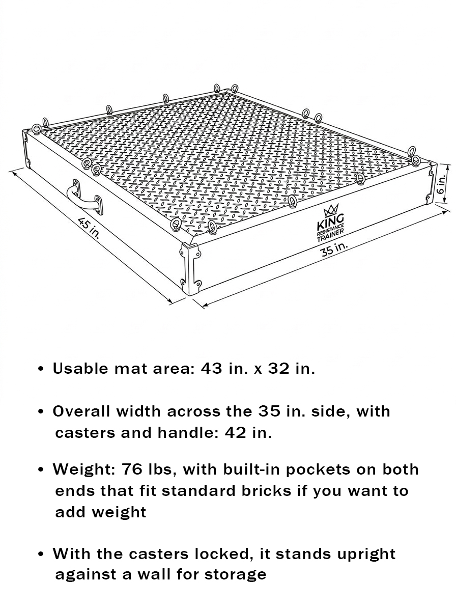 Technical drawing with dimensions: 45 inches by 35 inches by 6 inches, 76 lbs