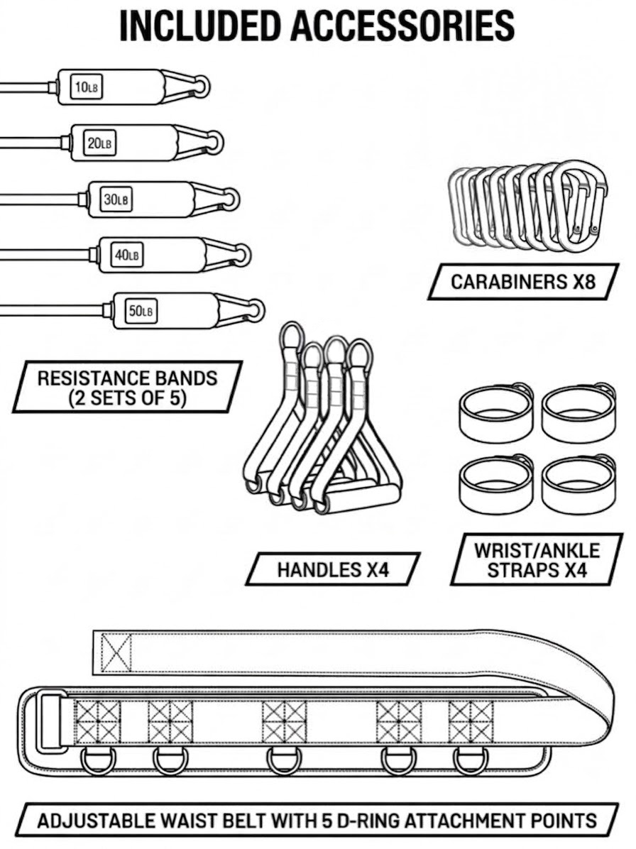 Included accessories: resistance bands in 5 strengths, carabiners, handles, wrist and ankle straps, adjustable waist belt