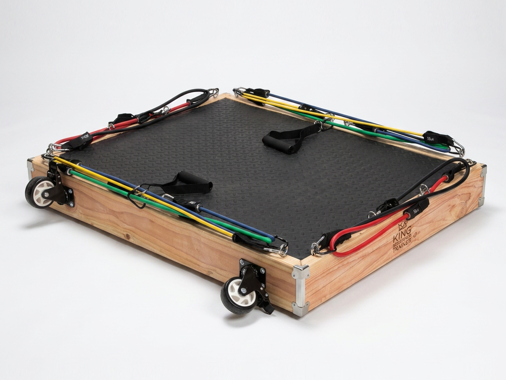 King Resistance Trainer: handmade wooden resistance training platform with color-coded bands, locking casters, and exercise mat surface